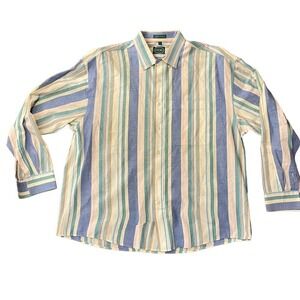 Vintage IZOD Mens Striped Button Down Shirt Long Sleeve Cotton Cream Blue XL